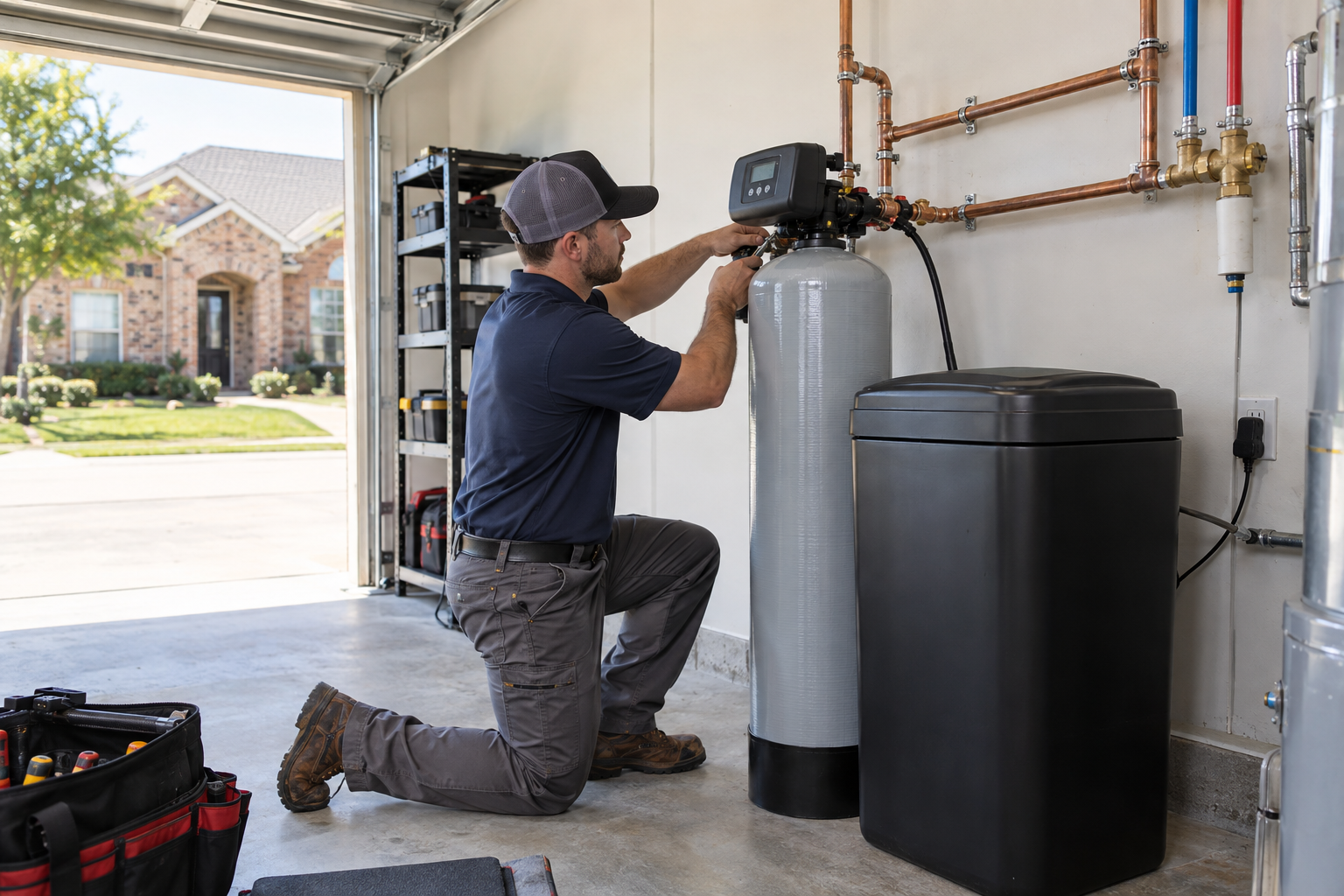 Water Softener Installation equipment and professional installation in a McKinney home