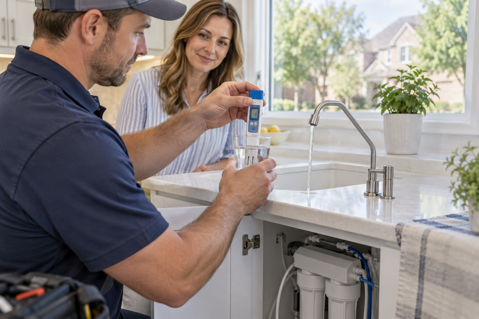 Technician testing drinking water in a McKinney kitchen